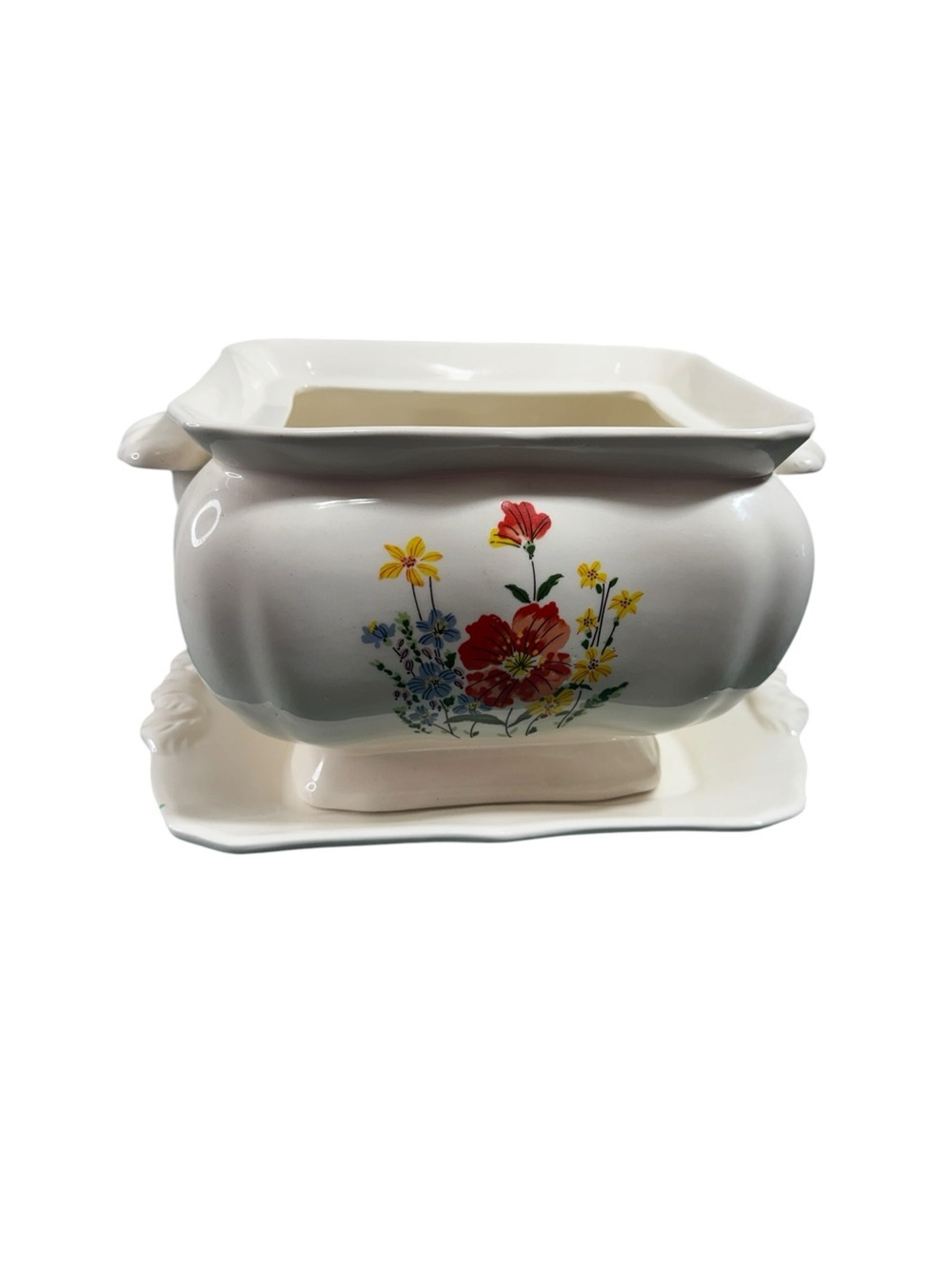 Vintage Ceramic Floral Planter With Tray